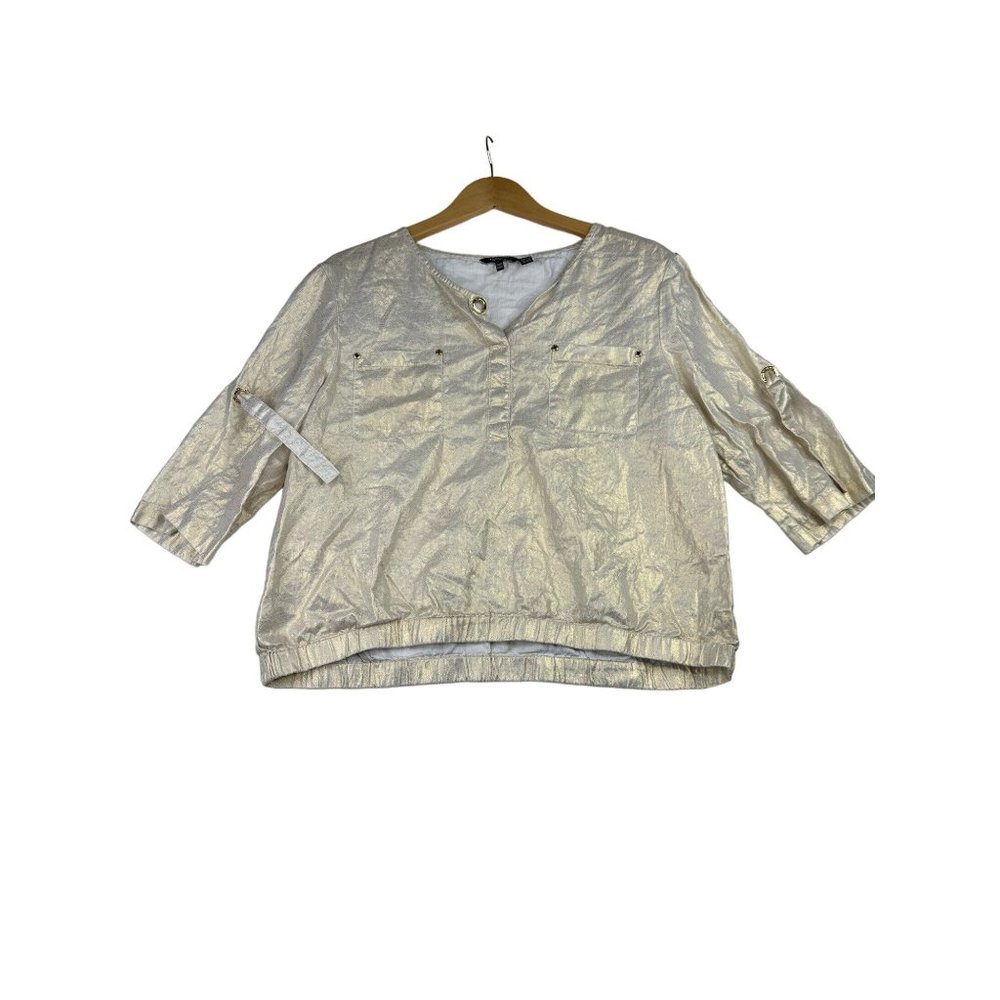 Ellen Tracy 100% Linen Blouse sz Large White/Gold/Cream